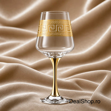 Set 6 pahare din sticlă cu picior Royalty Home 390 ml, design elegant cu detalii aurii