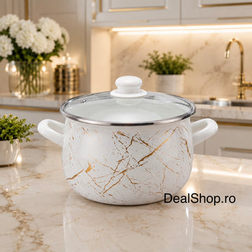 Cratiță emailată Ivory Marble cu capac din sticlă, 7,8 L, 26 cm, inducție