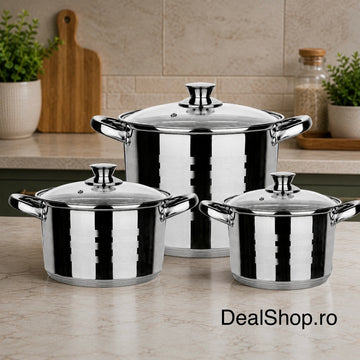 Set Oale Inox 6 Piese cu Capace – 2.8L, 3.8L, 6.5L  Fund Multistrat Capsule 3 Straturi SW05A