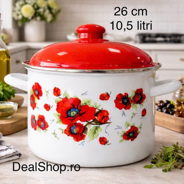 Oală Emailată Extra Mare cu Capac 26 cm, 10.5L, Model Maci Roșii – Oală Emailată pentru Sarmale, Ciorbe și Gătit în Cantități Mari
