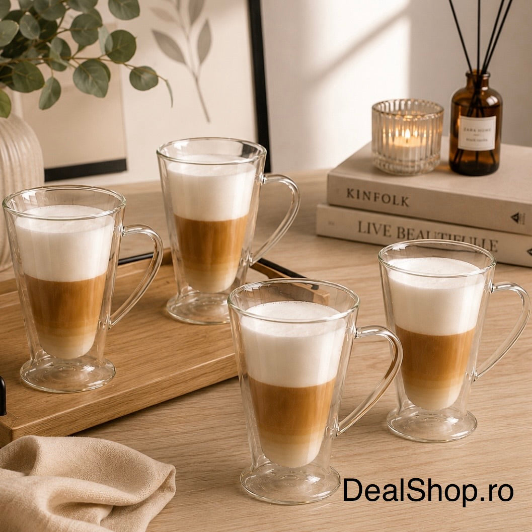 Set 4 cani din sticlă cu pereți dubli 400 ml, termorezistentă pentru cafea latte cappuccino și ceai 310400