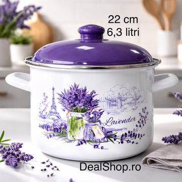 Oală Emailată 22 cm, 6,3 Litri cu Capac – Model Lavandă Mov – Oală Înaltă pentru Supă Ciorbă