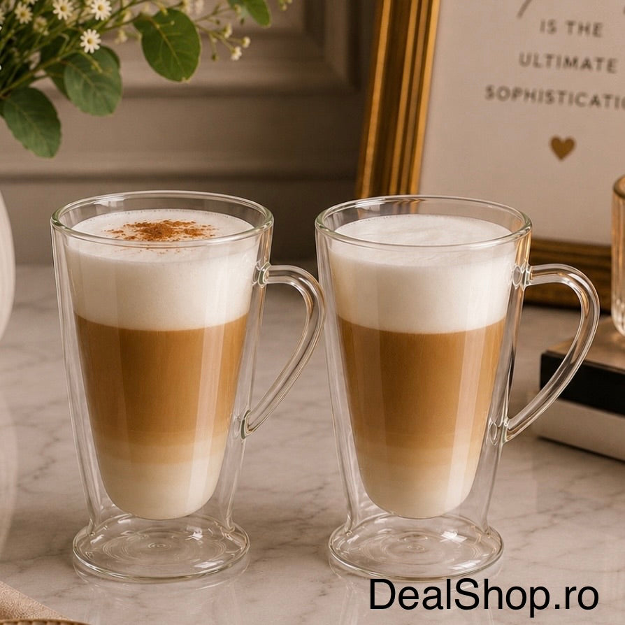 Set 2 cani din sticlă cu pereți dubli 400 ml, termorezistentă, pentru cafea latte, cappuccino și ceai 310400