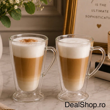Set 2 cani din sticlă cu pereți dubli 400 ml, termorezistentă pentru cafea latte cappuccino și ceai 310400