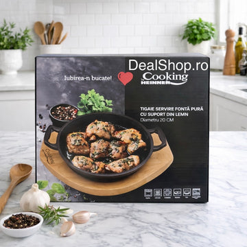 Tigaie servire fontă pură cu suport de lemn 20 cm COOKING BY HEINNER