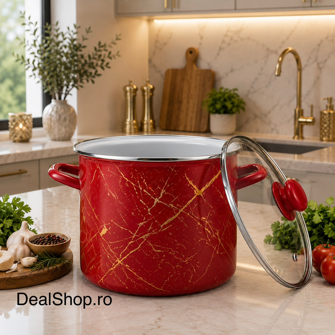 Oală emailată 10 L cu capac din sticlă, model Red Marble 26 cm, roșie pentru toate tipurile de plite