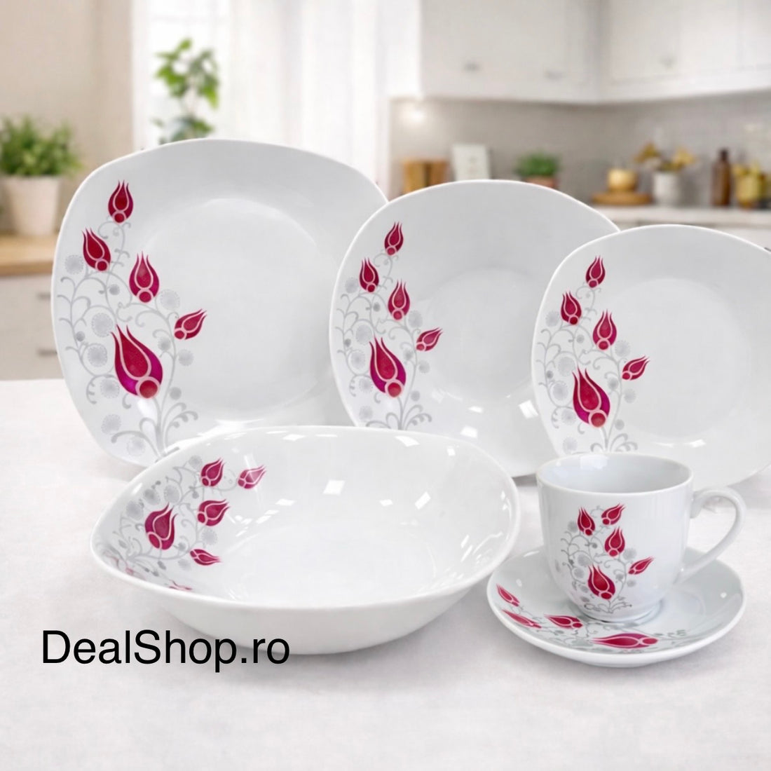 Serviciu de masă din porțelan „Lalea Imperială” 31 piese pentru 6 persoane – Set Farfurii, Bol și Cești Cafea 180 ml TL 173-9