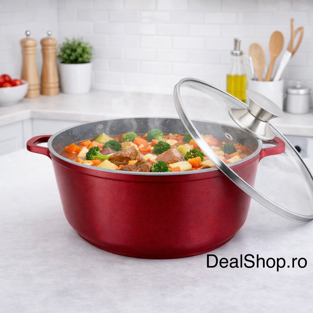 Cratiță aluminiu turnat 36 cm cu capac sticlă, 14L, interior marmură , Inducție, Roșie – SWAN