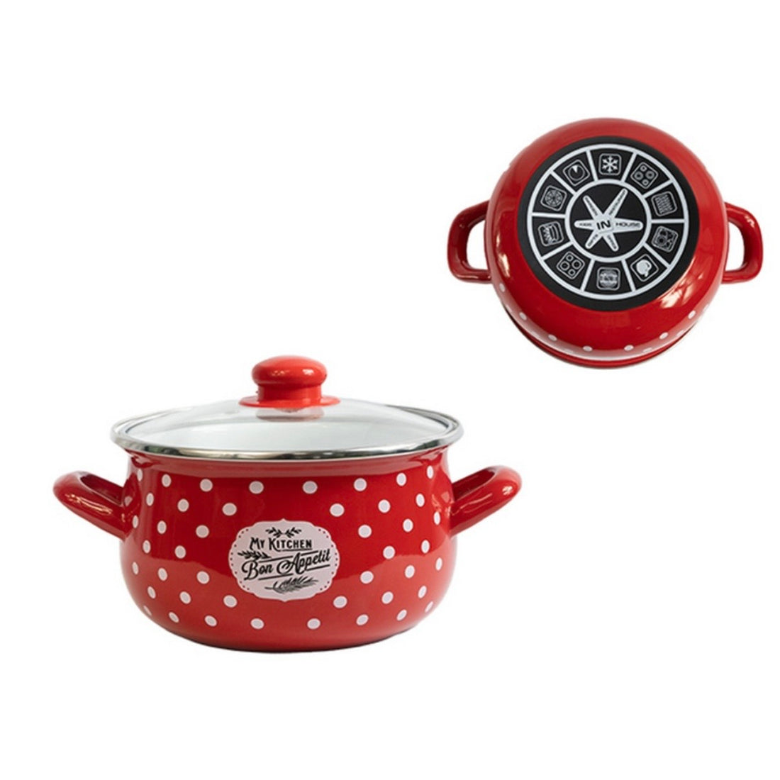 Set 5 oale emailate cu capac din sticla, cantitate 2 l, 2,8 l, 3,8 l, 4,8 l, 6,2 l, Bon Apetit
