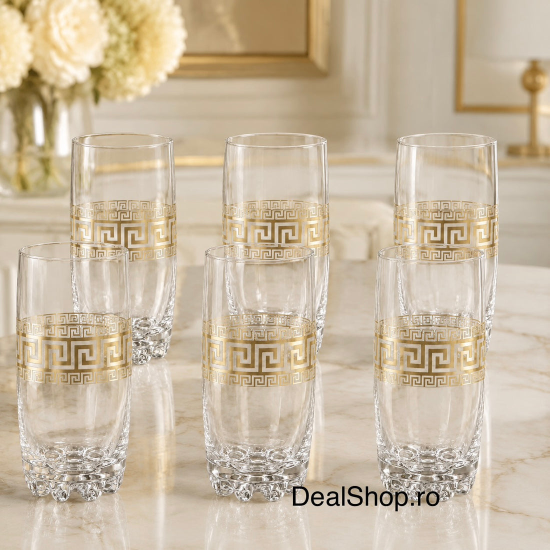 Set 6 pahare din sticlă Royalty Home 385 ml, model elegant cu decor auriu