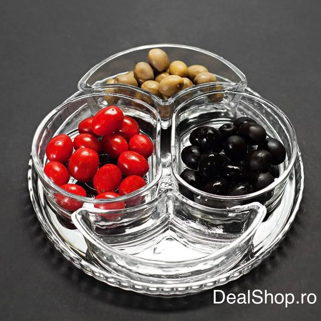 Platou Aperitiv din Sticlă Kaveh Lavin 24 cm – Set 5 Piese cu 4 Compartimente pentru Snackuri, Sosuri și Aperitive