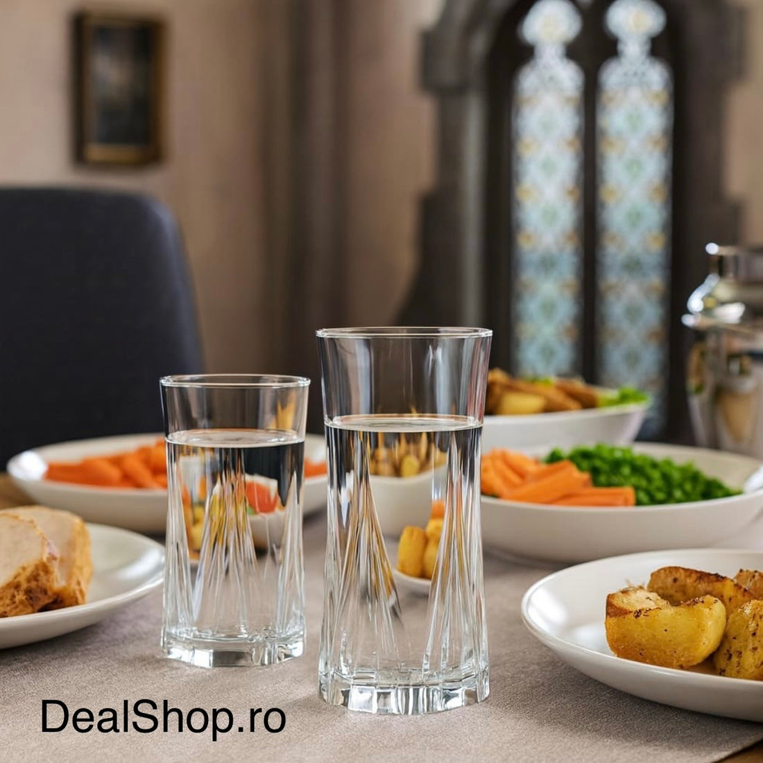 Set 6 pahare înalte sticlă 370 ml Zoe377, pahare apă / suc, design elegant cu model geometric, sticlă rezistentă