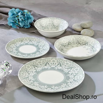 Serviciu de masa 24 piese porțelan „Verde Vintage”  set farfurii și boluri pentru 6 persoane Design Floral Elegant 63