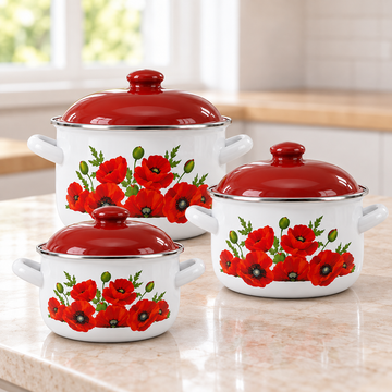 Set 3 Oale Emailate Arian cu Capace – 3.8 litri 4.8 litri 6.2 litri – Model Maci
