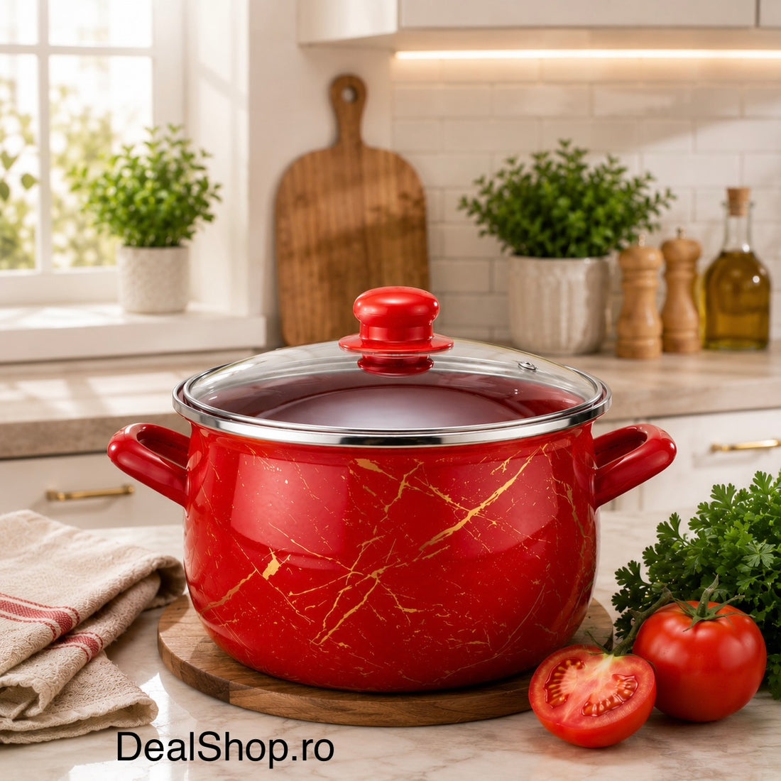 Cratiță emailată Red Marble cu capac din sticlă, 7,8 L, 26 cm, inducție