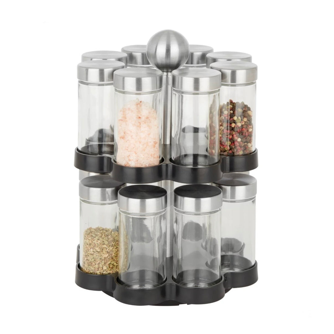 Suport rotativ condimente 12 recipiente sticlă 100 ml, set organizator bucătărie cu suport solid și finisaje metalice Brio Metallica