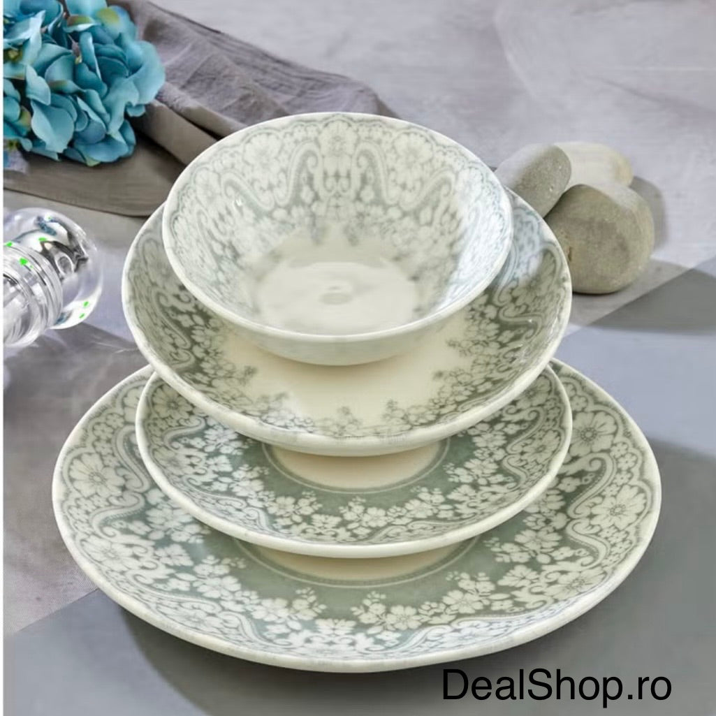 Serviciu de masă 24 piese porțelan „Verde Vintage” – set farfurii și boluri pentru 6 persoane, Design Floral Elegant, 63