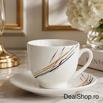 Set 6 Cești din Porțelan 180 ml cu Farfurioare – Abstract Elegance, Design Modern Elegant pentru Cafea și Cappuccino