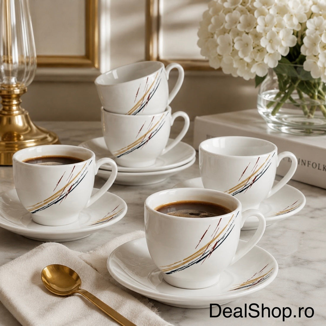 Set 6 Cești din Porțelan 180 ml cu Farfurioare – Abstract Elegance, Design Modern Elegant pentru Cafea și Cappuccino
