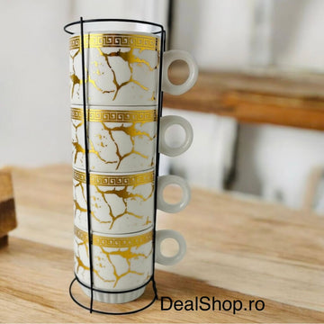 Set 4 cești ceramică 250 ml marmură albă cu auriu suport metalic CADOUL PERFECT