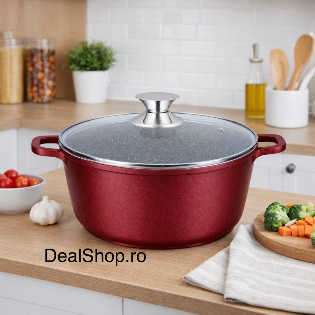 Cratiță aluminiu turnat 44 cm cu capac sticlă, 23.5L, înveliș marmură , Inducție, Roșie – SWAN