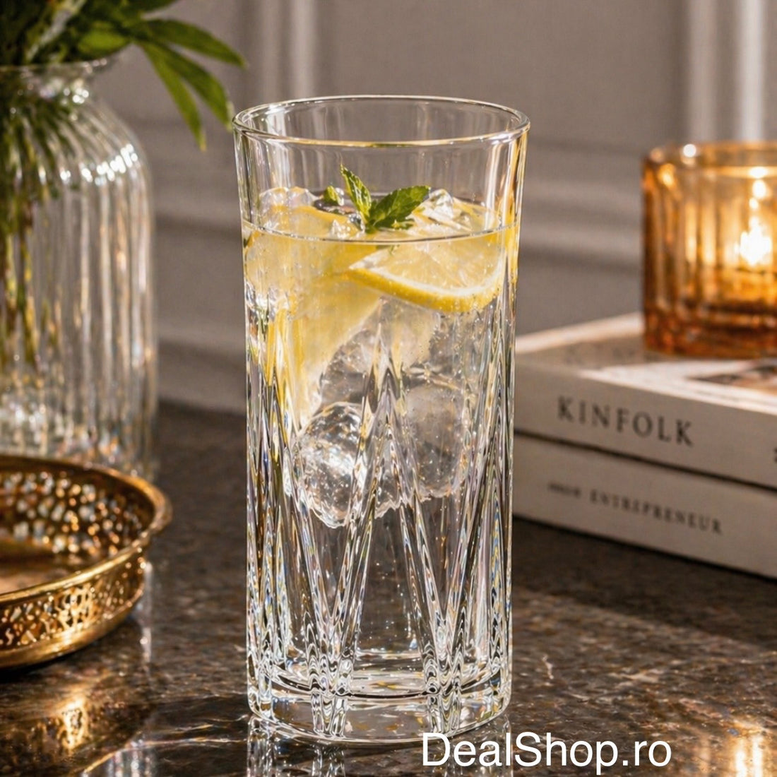 Set 6 pahare înalte sticlă 370 ml Zoe377 pahare apă suc, design elegant cu model geometric sticlă rezistentă