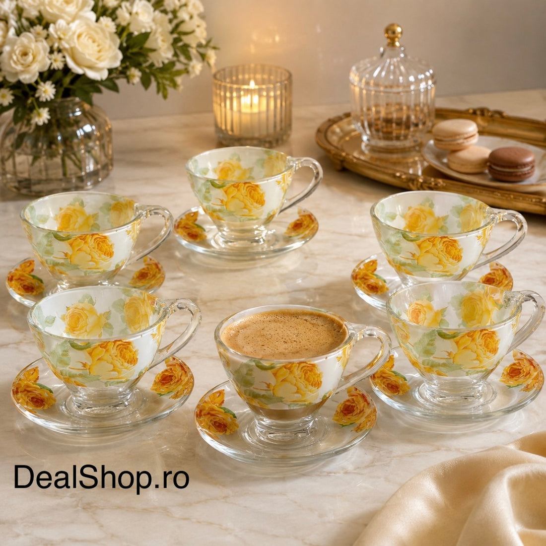Set 6 cești cu 6 farfurioare din sticlă Galaxy Floral, 200 ml – set elegant pentru cafea și ceai
