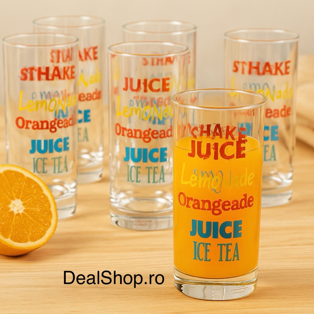 Set 12 pahare din sticla 270 ml  design colorat pentru băuturi răcoritoare