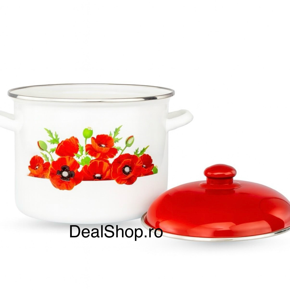 Oală emailată cu capac roșu și model maci, 24 cm, 8,2 litri rezistenta și eleganta pentru gătit