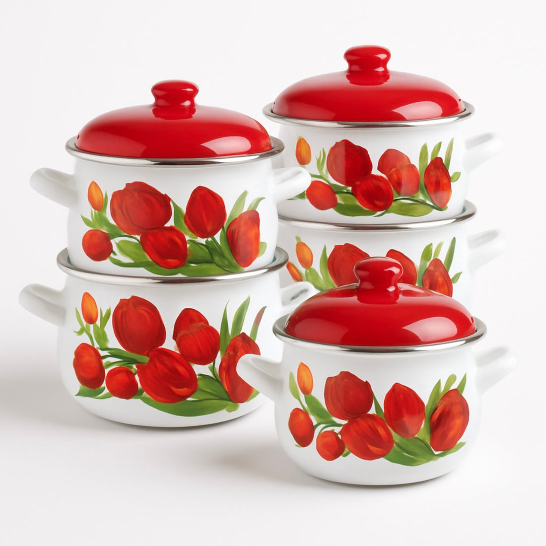 Set 5 oale emailate cu capac Arian, cantitate 2 l, 2,8 l, 3,8 l, 4,8 l, 6,2 l, model lalele