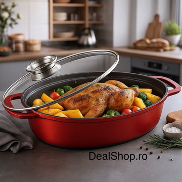 Tavă ovală cu capac Swan 33 cm, 5.5 L, aluminiu turnat, inveliș marmură , Roșu – Ideală pentru Cuptor ș
