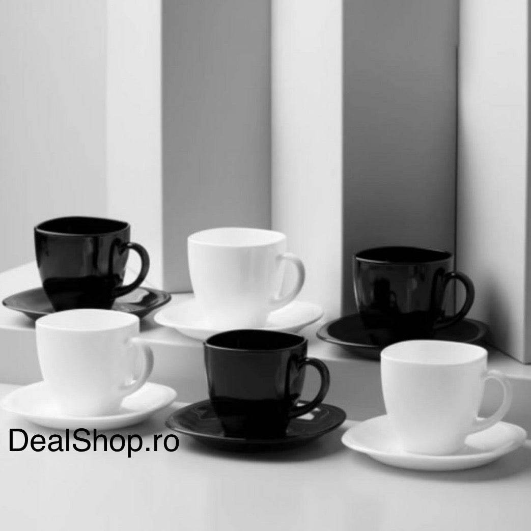 Set 6 cești cafea cu farfurii opal termorezistent 245 ml 3 albe + 3 negre