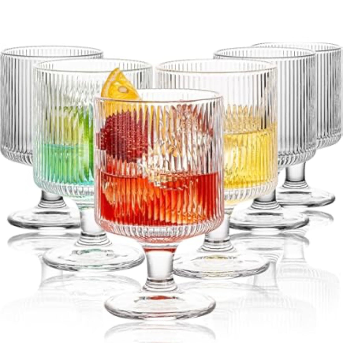 Set 6 Pahare Julia pe Picior din Sticlă Transparentă 230 ml– Design Striat Elegant, pentru Suc, Apă, Cocktail