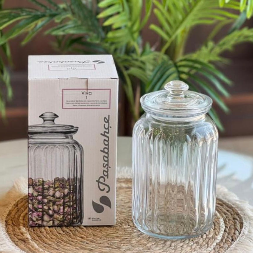 Borcan din sticla cu capac 1500 ml Viva– design elegant ideal pentru depozitare biscuiți bezele bomboane sau ingrediente de bucătărie 96394