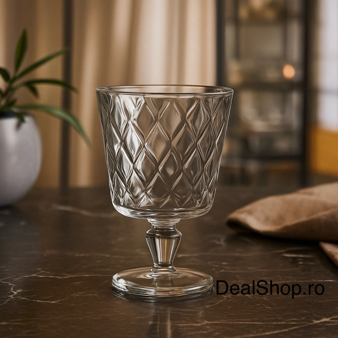 Set 4 pahare cocktail Leafy, 270 ml – sticlă groasă transparentă, design elegant cu model în relief
