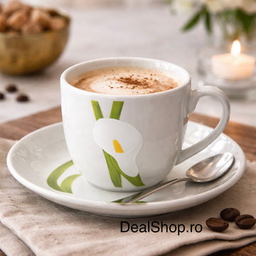 Set 6 cești cafea din porțelan 180 ml cu farfurii Calla Grace, design floral elegant