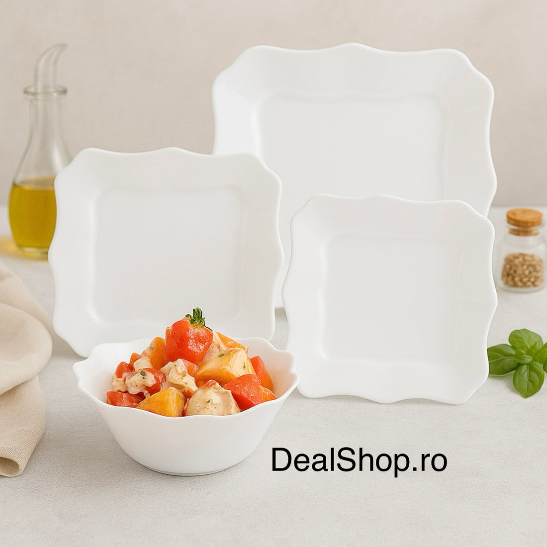 Serviciu de masă opal termorezistent 19 Piese Lacy-White – Farfurii Pătrate Albe pentru 6 persoane