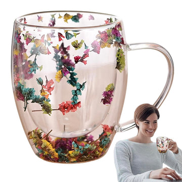 Set 4 Cesti Cafea din Sticla Termorezistenta cu Pereti Dubli si Model Flori Uscate color, 250 ml