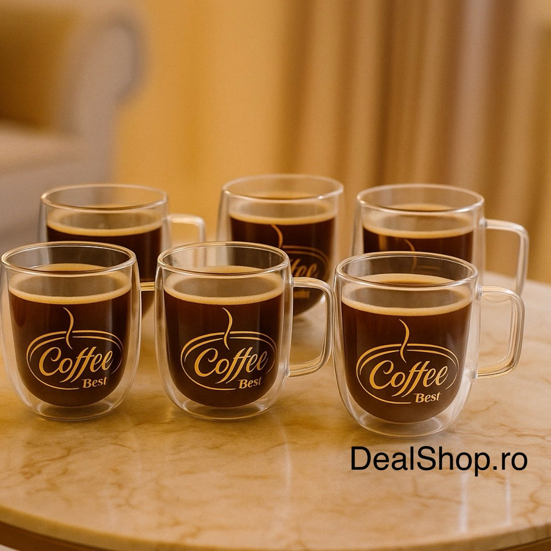 Set 6 Cești din Sticlă Termorezinstentă cu Pereți Dubli, 250 ml – Model Coffee Best, Design Elegant și Rezistent la Temperatură