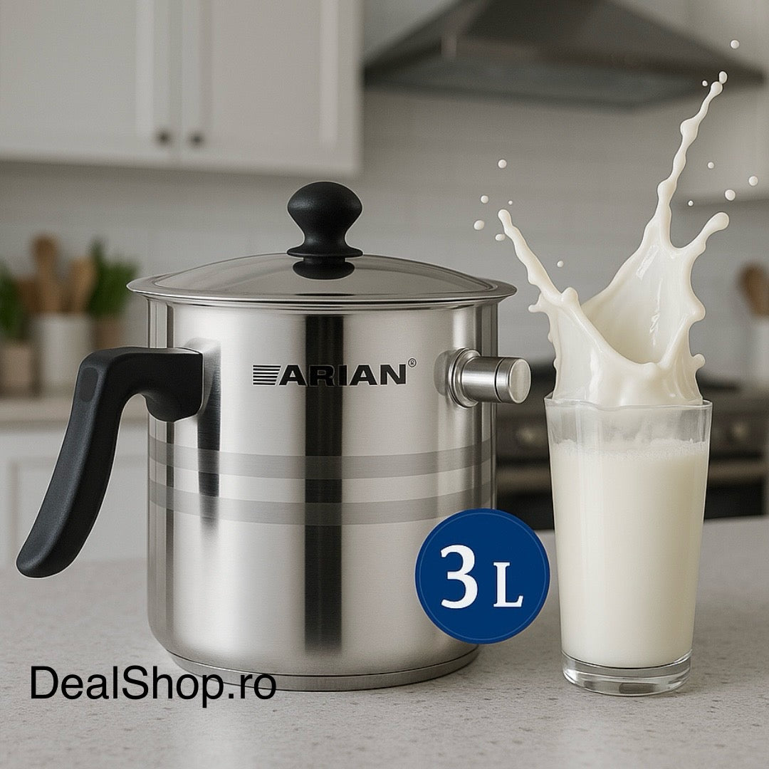 Oală pentru Fiert Lapte Arian 3 litri Inox fluier, perete Dublu, Capac Inclus maner termorezistent