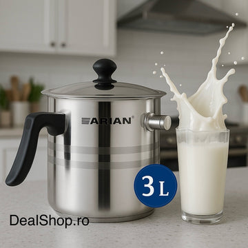 Oală pentru Fiert Lapte Arian 3 litri Inox fluier, perete Dublu, Capac Inclus maner termorezistent
