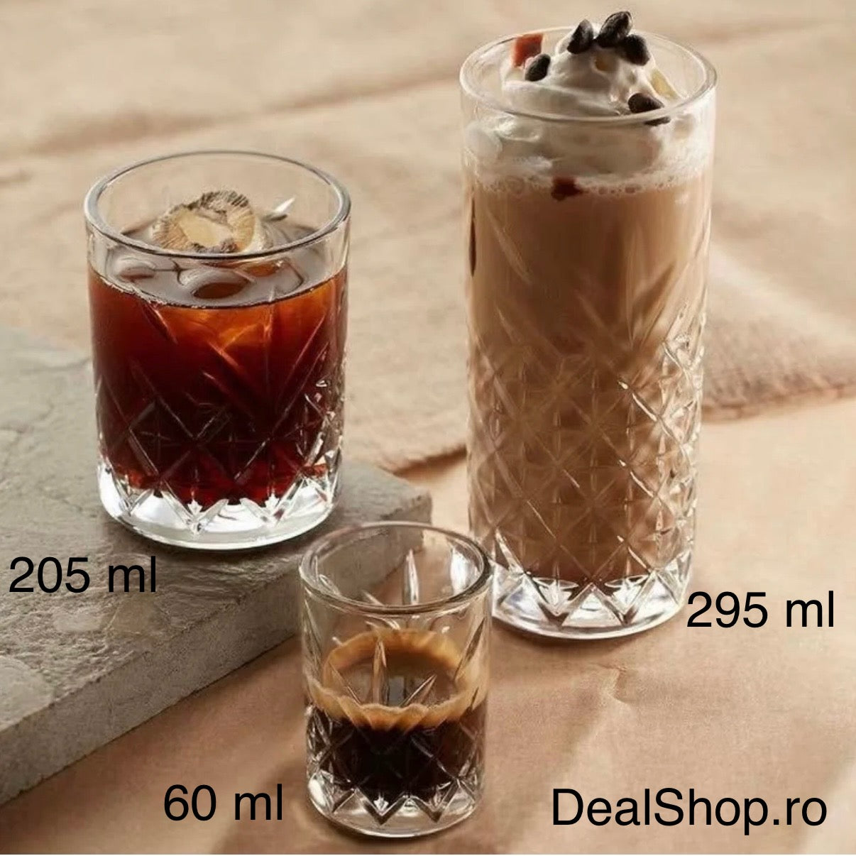 Set 12 pahare Timeless – 295 ml + 205 ml + 60 ml, sticlă groasă transparentă, model gravat