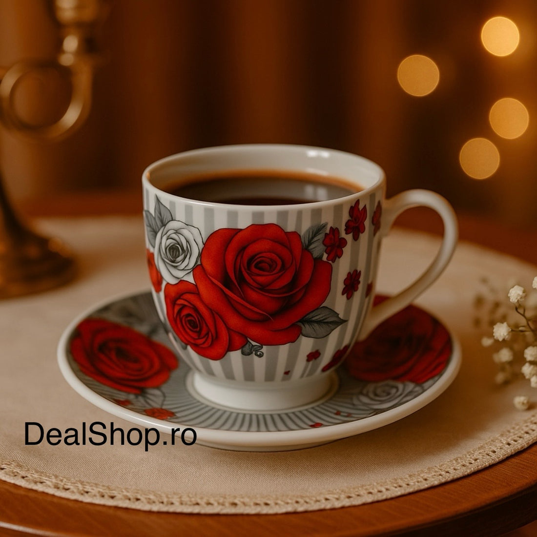 Set 6 cești cu 6 farfurii din porțelan, 120 ml – model floral cu trandafiri