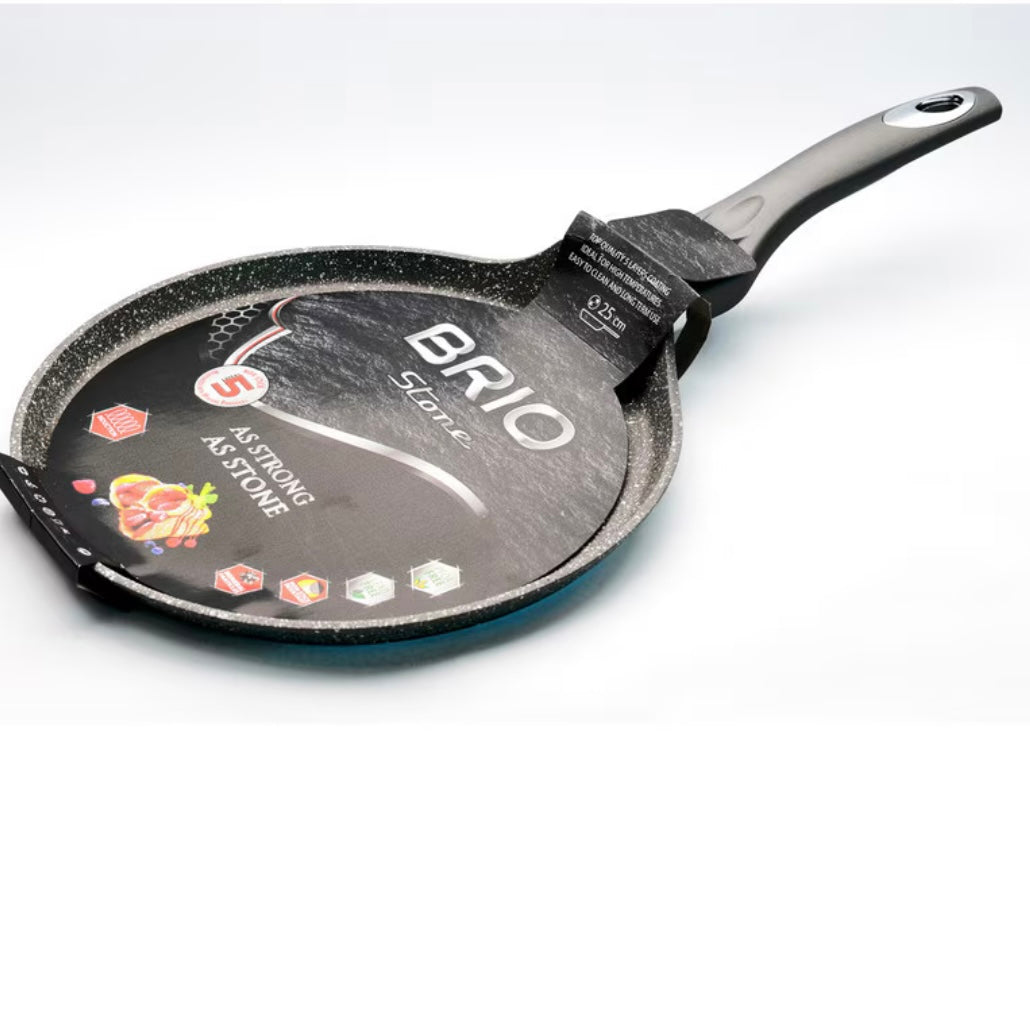 Tigaie Clătite BRIO Stone 25 cm – Înveliș Antiaderent 5 Straturi cu Particule Minerale, Compatibilă Inducție