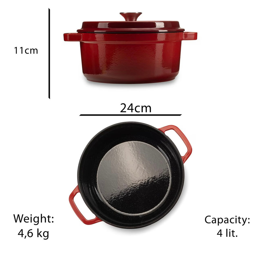 Oala 4 litri din fonta emailata cu capac Hausberg HB-H744, capacitate diametru 24 cm, adancime 11 cm, interior antiaderent, Rosu