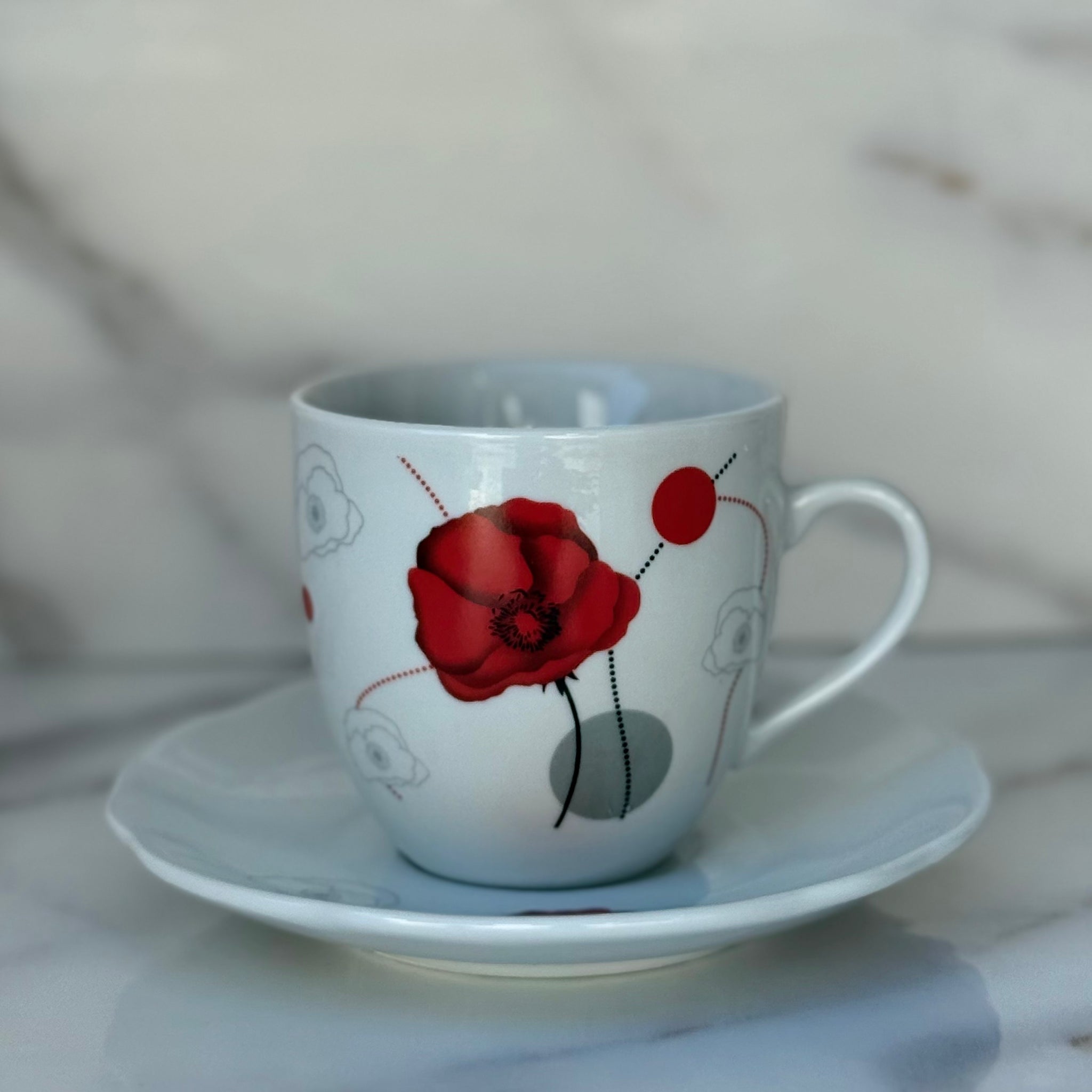 Set 6 cești cu 6 farfurii din porțelan, 120 ml – model floral Mac