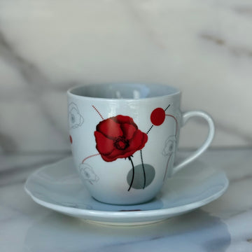Set 6 cești cu 6 farfurii din porțelan, 120 ml – model floral Mac