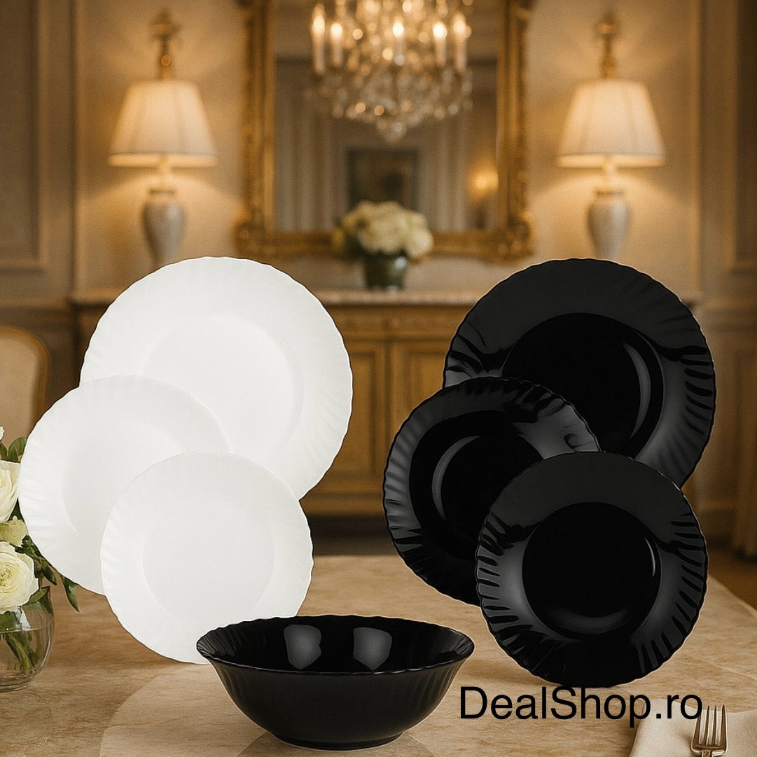 Serviciu de masa termorezistent opal 19 piese, farfurii rotunde alb si negru Pukka