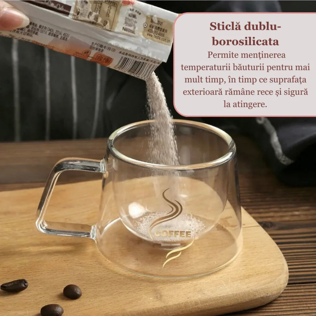 Set 6 cesti cafea cu pereti dubli sticla termorezistenta 200 ml Mesaj COFFEE CADOUL PERFECT Malooki terasa piscina