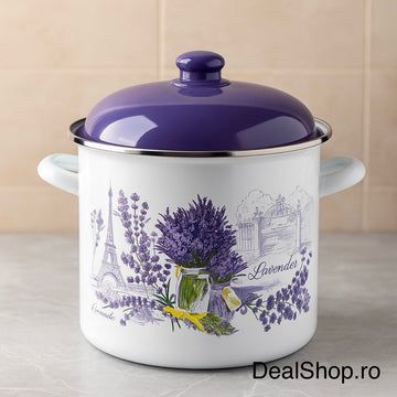 Oala emailata cu capac model Lavender 26 cm 10,5 litri rezistentă și elegantă pentru gatit